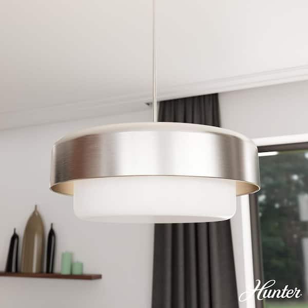 Hunter Station 4-Light Brushed Nickel Shaded Pendant Light with Cased White Glass Shade