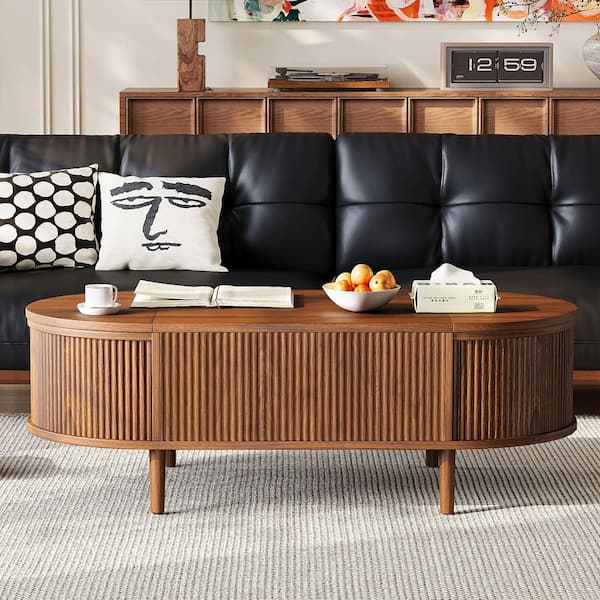 Qirex Country 47.24 in. Antique Brown Wood Wave Grain Finish Oval MDF Lift-Top Coffee Table with Hidden Storage