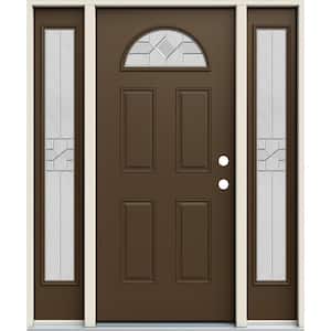 60 in. x 80 in. Left-Hand/Inswing Fan Lite Caldwell Decorative Glass Dark Chocolate Steel Prehung Front Door w/Sidelites