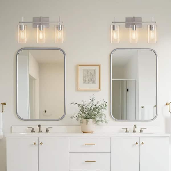 20 in. 3-Light Brushed Nickel Bathroom LED Vanity Light with Clear Glass Shades for Bathroom, Vanity, or Mirror