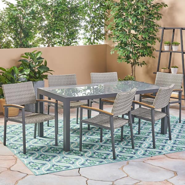 Noble House Luton Grey 7-Piece Aluminum and Faux Rattan Outdoor Dining Set with Glass Table Top