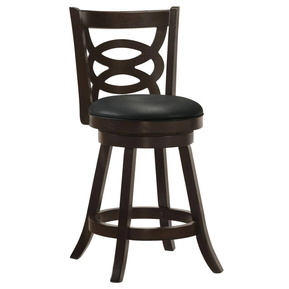 Elegante Swivel 37.5" Black Leather and Wood Counter Stool