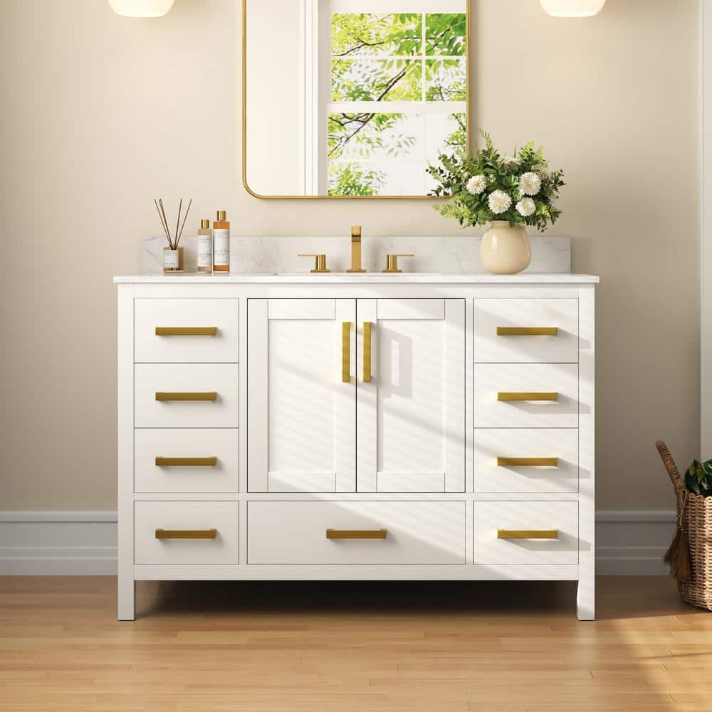 48'' White Bathroom Vanity with Ceramic Sink and Gold Hardware