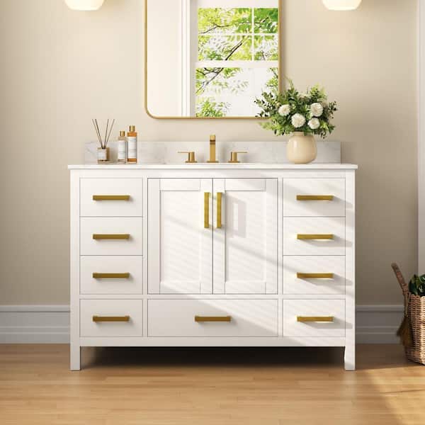 DEERVALLEY 48 in. W x 22 in. D x 34 in. H Single Sink Freestanding White Bath Vanity with Engineered Marble Top, 3 Faucet Hole