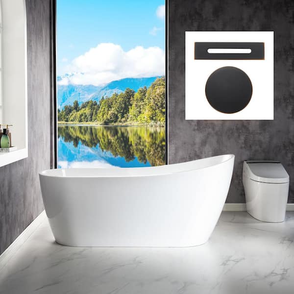 WOODBRIDGE 67 in. Acrylic FlatBottom Single Slipper Bathtub with Oil-Rubbed Bronze Overflow and Drain Included in White