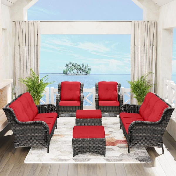 Gardenbee 6-Piece Wicker Outdoor Patio Conversation Lounge Chair Sofa Set with Red Cushions and Ottomans