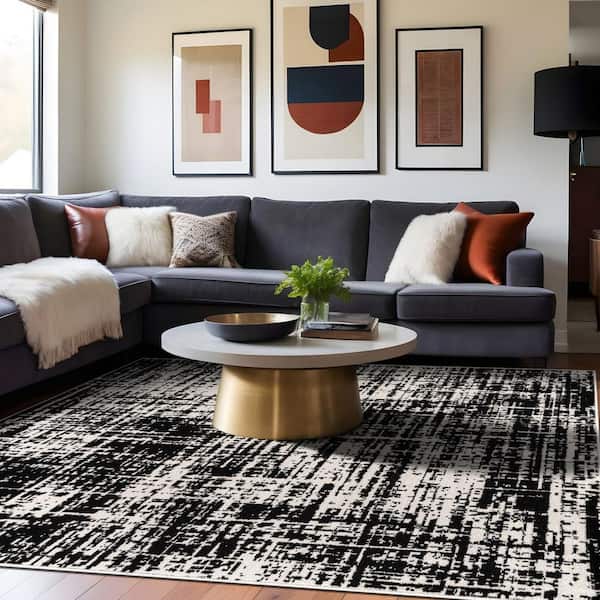 Atlas Black 6 ft. x 9 ft. Rubber Back Washable Modern Canvas Indoor Outdoor Area Rug