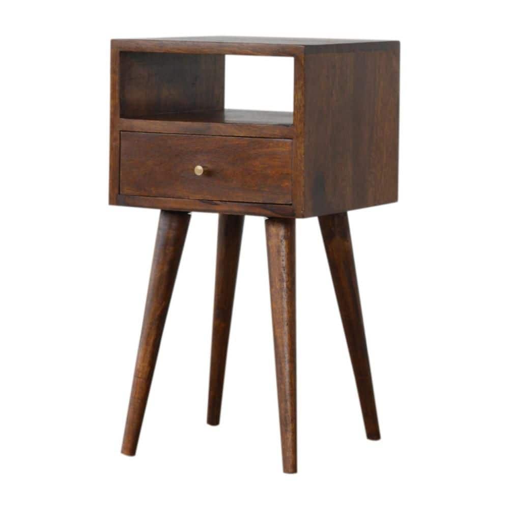 Front view of a dark wood nightstand with open shelf and drawer.