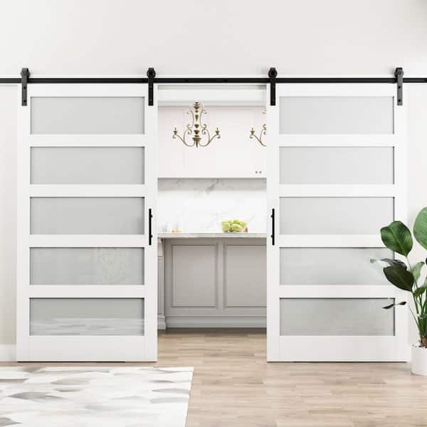 84 in. x 84 in. 5-Lites Frosted Glass White MDF Assembly Required Sliding Barn Door with Hardware Kit and Soft Close