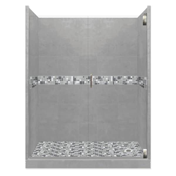American Bath Factory Newport Grand Hinged 42 in. x 60 in. x 80 in. Right Drain Alcove Shower Kit in Wet Cement and Satin Nickel Hardware