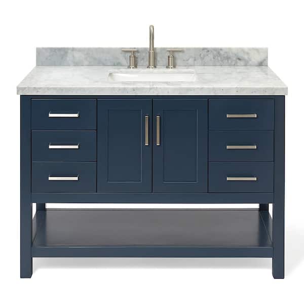 Magnolia 48 in. Single Sink Freestanding Bathroom Vanity in Midnight Blue with Carrara White Marble Top