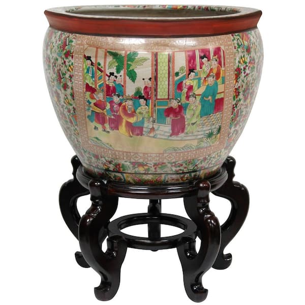 Oriental Furniture 12 in. Rose Medallion Porcelain Fishbowl