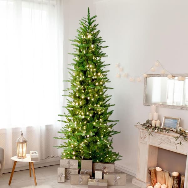 Fraser Hill Farm 9.0-ft. Pre-Lit Carmel Pine Slim Green Artificial Christmas Tree, Clear Smart Lights