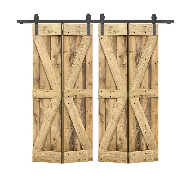 CALHOME 72 in. x 84 in. British K Pre Assembled Solid Core Weather Oak Wood Double Bi-Fold Doors with Sliding Hardware Kit