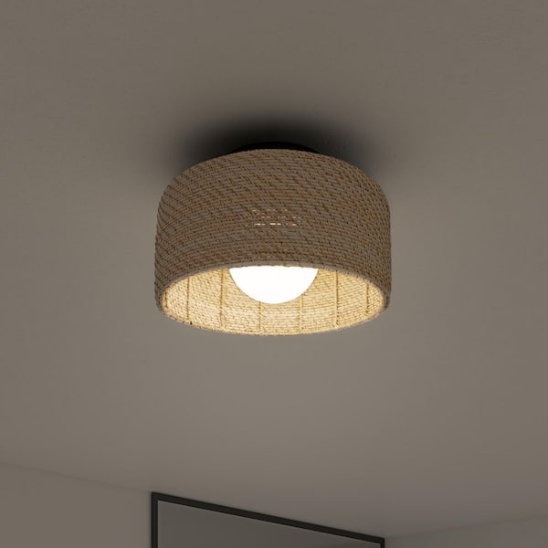 Emiko 15 in. 1 Light Black and Rattan 5CCT Integrated Selectable LED Flush Mount Ceiling Light