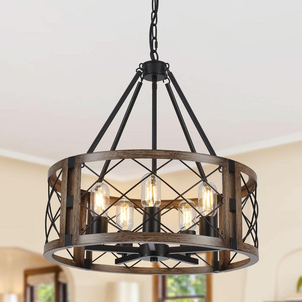 5 Light Modern Farmhouse Black and Wood Grain Faux Metal Drum Chandelier for Dining Room Drum Hanging Light Fixture price history on PriceWatchPro