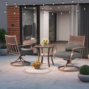 3 Pieces Swivel Rocker Outdoor Chairs Set, Patio Dining Chairs with Grey Thickened Cushions&Glass Top Table