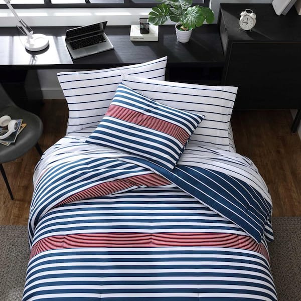 Nautica Kennedy Stripe Blue White Red 2-Piece Microfiber Twin