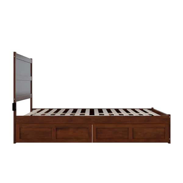NoHo Walnut Queen Solid Wood Storage Platform Bed with Footboard and 2 Drawers