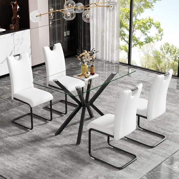 Modern Series Black/Clear Tempered Glass 47.24 in. W Adjustable Metal Cross Legs Dining Table Seating Capacity 4-6Person