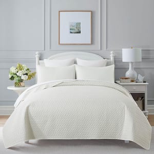 3-Piece Ivory Basket Weave Pattern Microfiber Queen Quilt Set