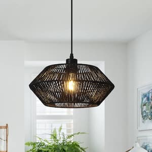 1-Light Black Geometric Hanging Linear Chandelier Lighting with Hemp Rope Shade for Dining Room with No Bulbs Included