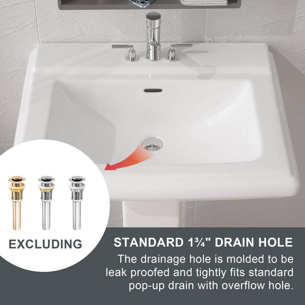 White Rectangular Ceramic Pedestal Sink with Overflow