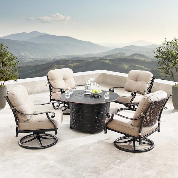 Oakland Living Finland Luxurious Antique Copper 5-Piece Aluminum Patio Fire Pit Deep Seating Set with Tan Beige Cushions