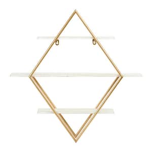 5.1 in. x 23.5 in. x 24 in. Wood and Iron Diamond Wall Shelf in White and Gold