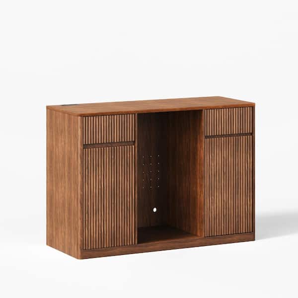 53'' Fluted Bar Cabinet with Fridge Space (Fridge Not Included) Coffee Station with Charging Hub Wine Glass Rack, Walnut