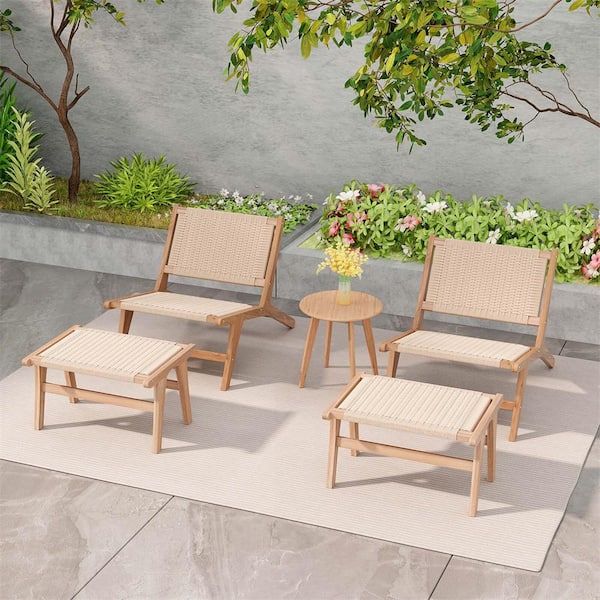 Teak Wood Natural Rope Lounge Occasional Chair (Set of 2) with Ottoman
