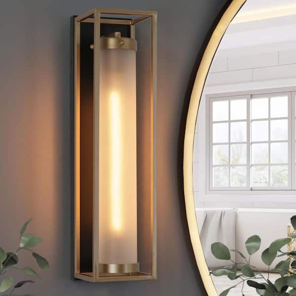 1-Light Dark Gold Modern Wall Sconce, Tube Frosted Glass Black Wall Light, Farmhouse Geometric Bathroom Vanity Light