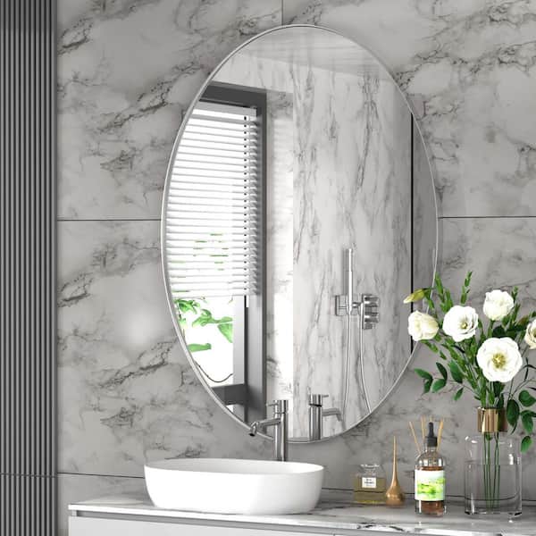 22 in. W x 30 in. H Large Oval Mirror Stainless Steel Frame Mirror Wall Mirrors Bathroom Vanity Mirror in Brushed Silver