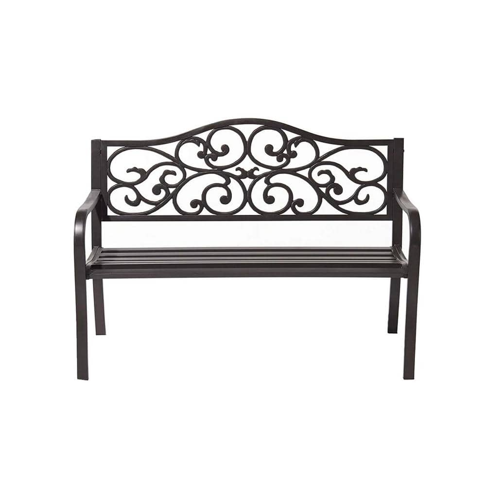 50 in. 2-Person Dark Brown Metal Outdoor Bench for Park Garden Cast Iron Loveseat Chair with Floral Design Backrest price history on PriceWatchPro
