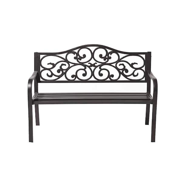 URTR 50 in. 2-Person Dark Brown Metal Outdoor Bench for Park Garden Cast Iron Loveseat Chair with Floral Design Backrest