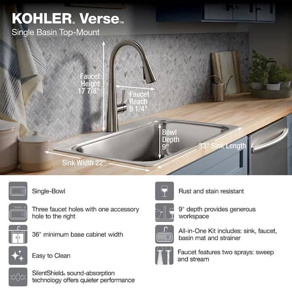 KOHLER Verse Stainless Steel 33 in. Single Bowl Drop-In Kitchen