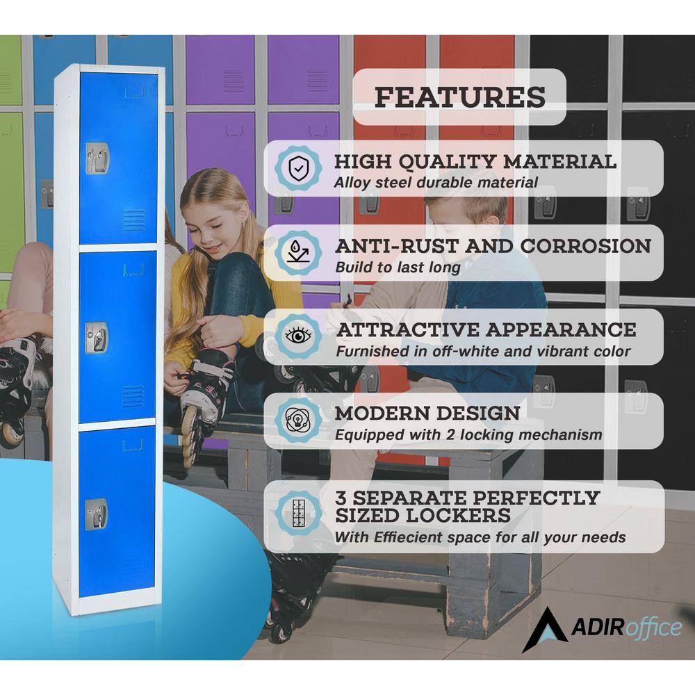 AdirOffice 72'' Blue Steel 3-Tier Storage Lockers with Vented Doors