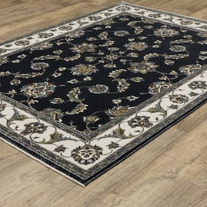 Victoria Navy/Ivory 2 ft. x 8 ft. Vintage Bordered Oriental Polyester Fringed-Edge Indoor Runner Area Rug