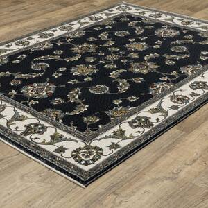 Victoria Navy/Ivory 4 ft. x 6 ft. Vintage Bordered Oriental Polyester Fringed-Edge Indoor Area Rug