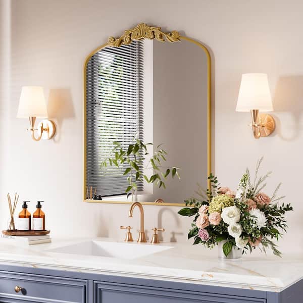 Antique Cooper 24 in W x 36 in. H Vintage Arched Aluminum Framed Mirror with Carved Pattern Top for Hanging or Leaning