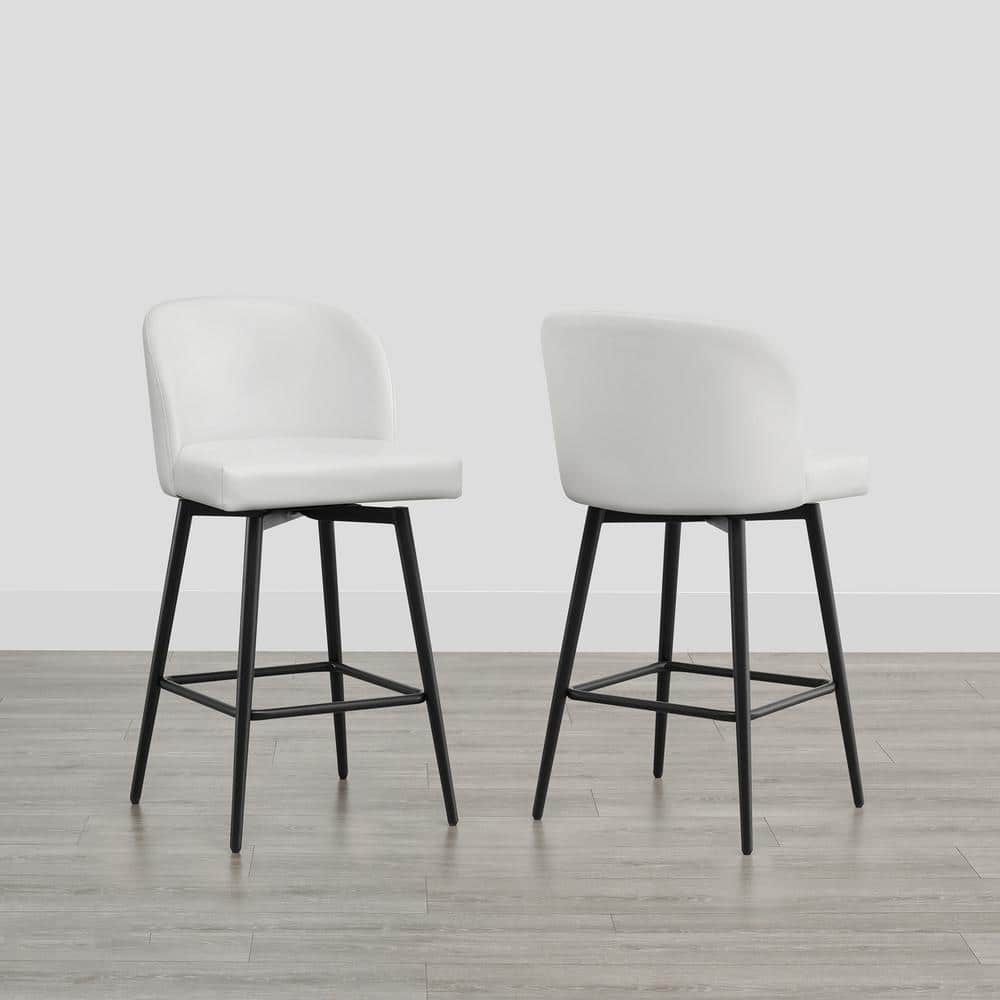 White Upholstered Swivel Counter Stools with Iron Legs, Set of 2