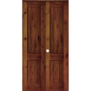48 in. x 96 in. Rustic Knotty Alder 2-Panel Square Top Right-Handed Red Chestnut Stain Wood Double Prehung Interior Door