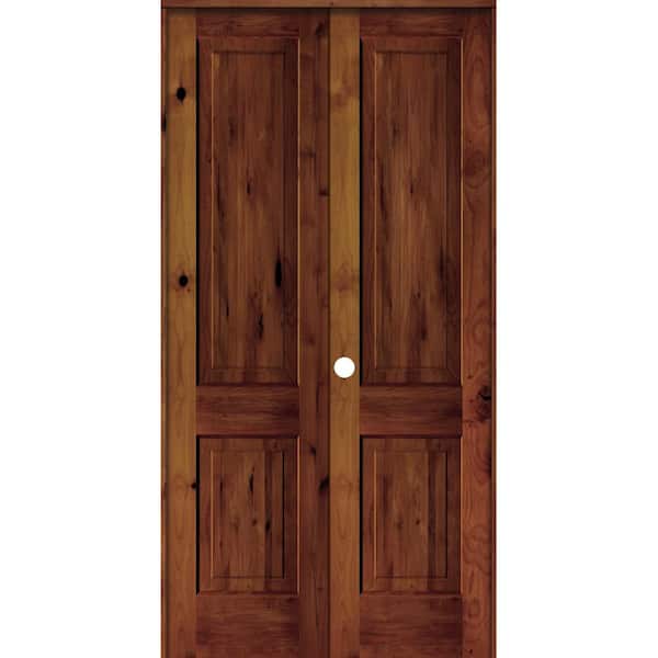 Krosswood Doors 48 in. x 96 in. Rustic Knotty Alder 2-Panel Square Top Right-Handed Red Chestnut Stain Wood Double Prehung Interior Door
