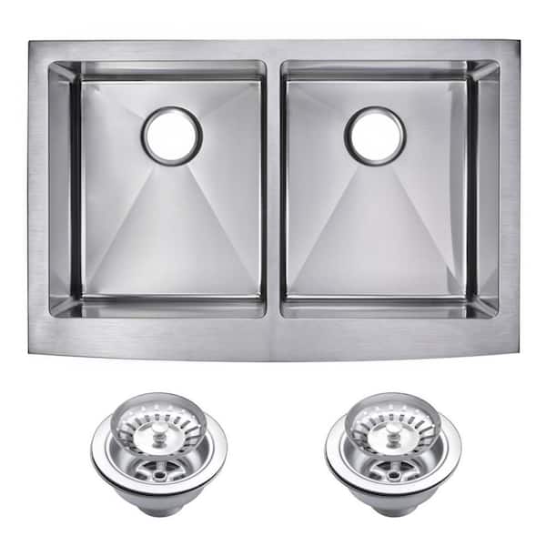 Water Creation Farmhouse Apron Front Stainless Steel 33 in. Double Bowl Kitchen Sink with Strainer in Satin