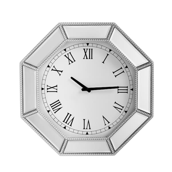 17.7 in Large Wall Clock, silver beaded octagonal Glass Frame Wall Clocks Decor for Living Room, Bedroom & Dining Room