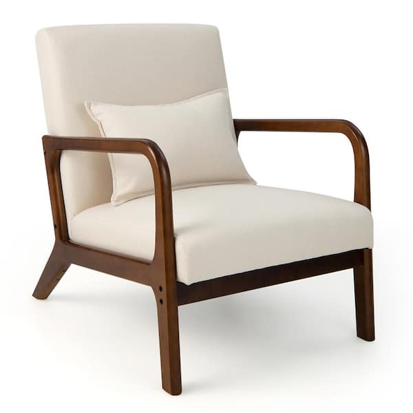 Costway Beige Modern Accent Chair Leisure Armchair with Rubber Wood Frame and Lumbar Pillow