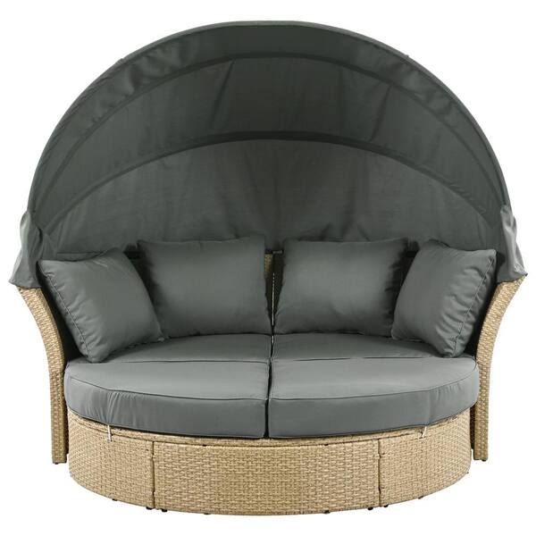 Angel Sar Wicker Outdoor Double Day Bed Round Sofa Furniture Set with Retractable Canopy and Gray Cushions