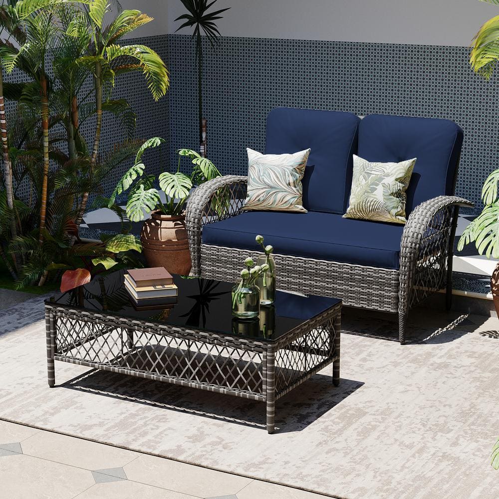 2 Person Outdoor Gray Wicker Sofa Seating with Coffee Table for Patio, Balcony in Navy Blue price history on PriceWatchPro
