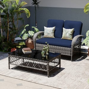 2 Person Outdoor Gray Wicker Sofa Seating with Coffee Table for Patio, Balcony in Navy Blue
