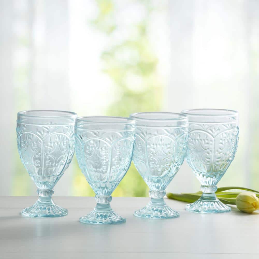 Aqua Crystal Cut Glass Goblet Set of Four